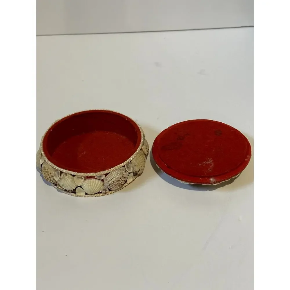 Vintage Seashell Round Trinket Box Red Lined Boho Beach Decore Small Flaws